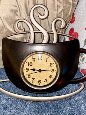 Whimsical Teacup Wall Clock in Dark Brown with Gold Accents